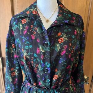 Vintage Floral Button-Front Midi Dress in Black with Multicolor Bloom